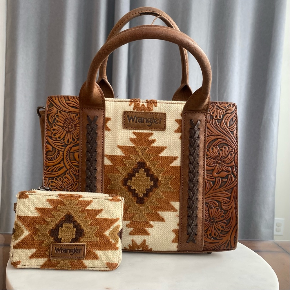 Wrangler Tooled Aztec Pattern Conceal Carry Tote Crossbody and Card Wallet Set